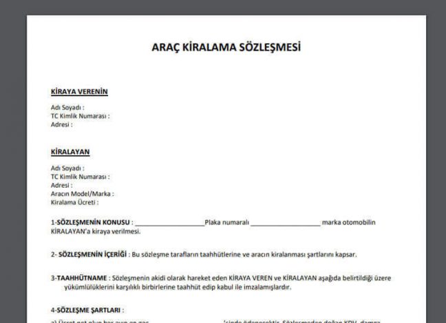Oto Kiralama İçin Yapılan Sözleşme Örnekleri Oto Kiralama İçin Yapılan Sözleşme Örnekleri